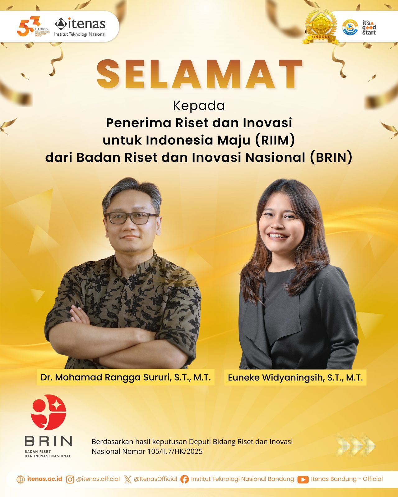 Berita Prestasi Riset Berlanjut, 2 Dosen Itenas Raih Pendanaan RIIM BRIN untuk Inovasi Lingkungan dan Material Maju