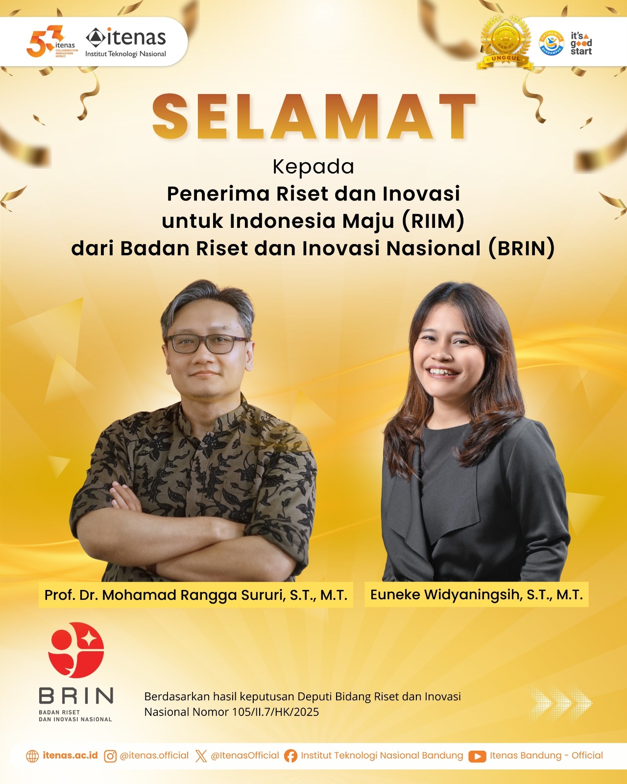 Prestasi Riset Berlanjut, 2 Dosen Itenas Raih Pendanaan RIIM BRIN untuk Inovasi Lingkungan dan Material Maju